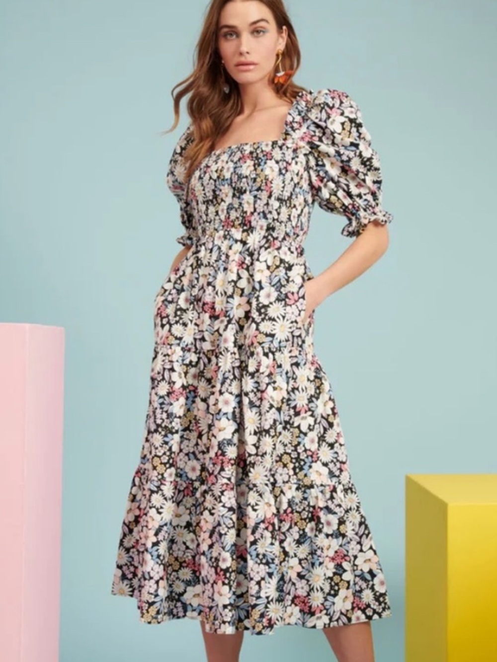 Rachel Parcell Tiered retro Floral Smocked Puff-Sleeve Midi Dress size XL